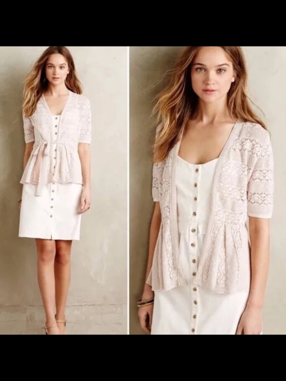 Anthropologie Knitted & Knotted Lace Peplum Tunic Cardigan in Light Blush